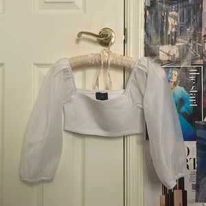 White cider bandeau top with puffed sleeves